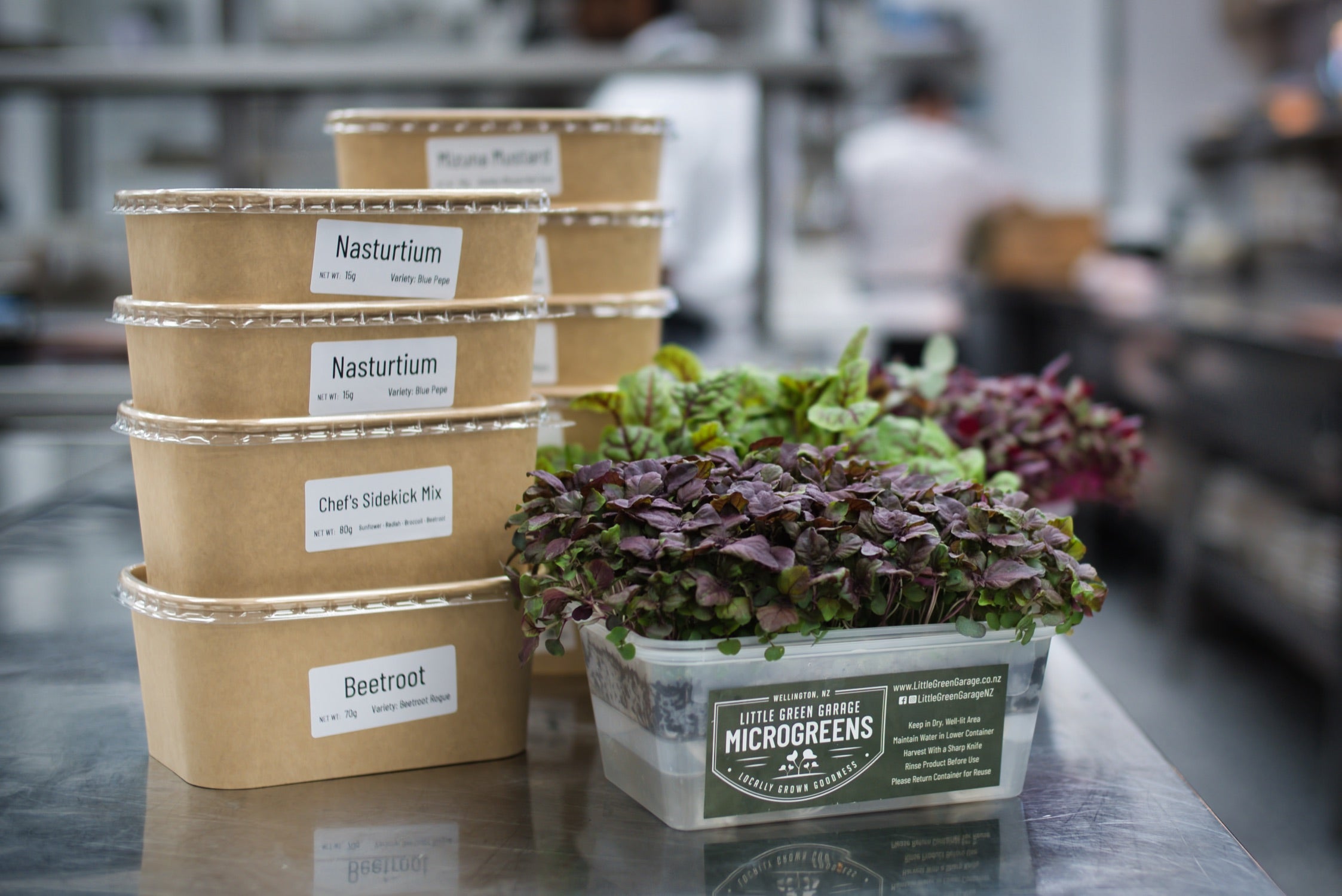 Punnets and live trays of microgreens on a commercial kitchen bench.