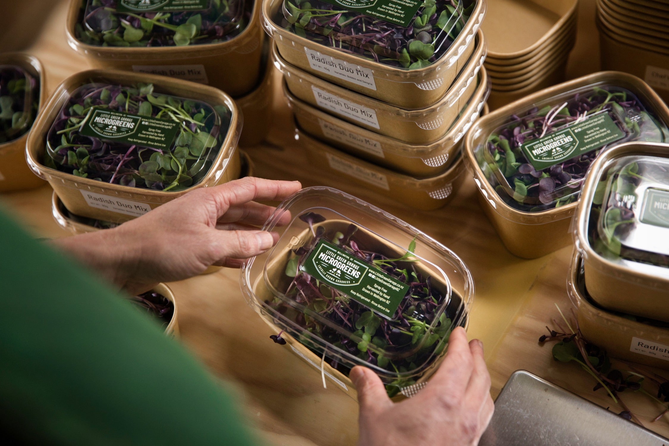 Lids being placed on microgreen punnets y hand.